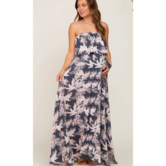 PinkBlush Charcoal Leaf Print Strapless Front Tie Maternity Maxi Dress Nwt Mediu